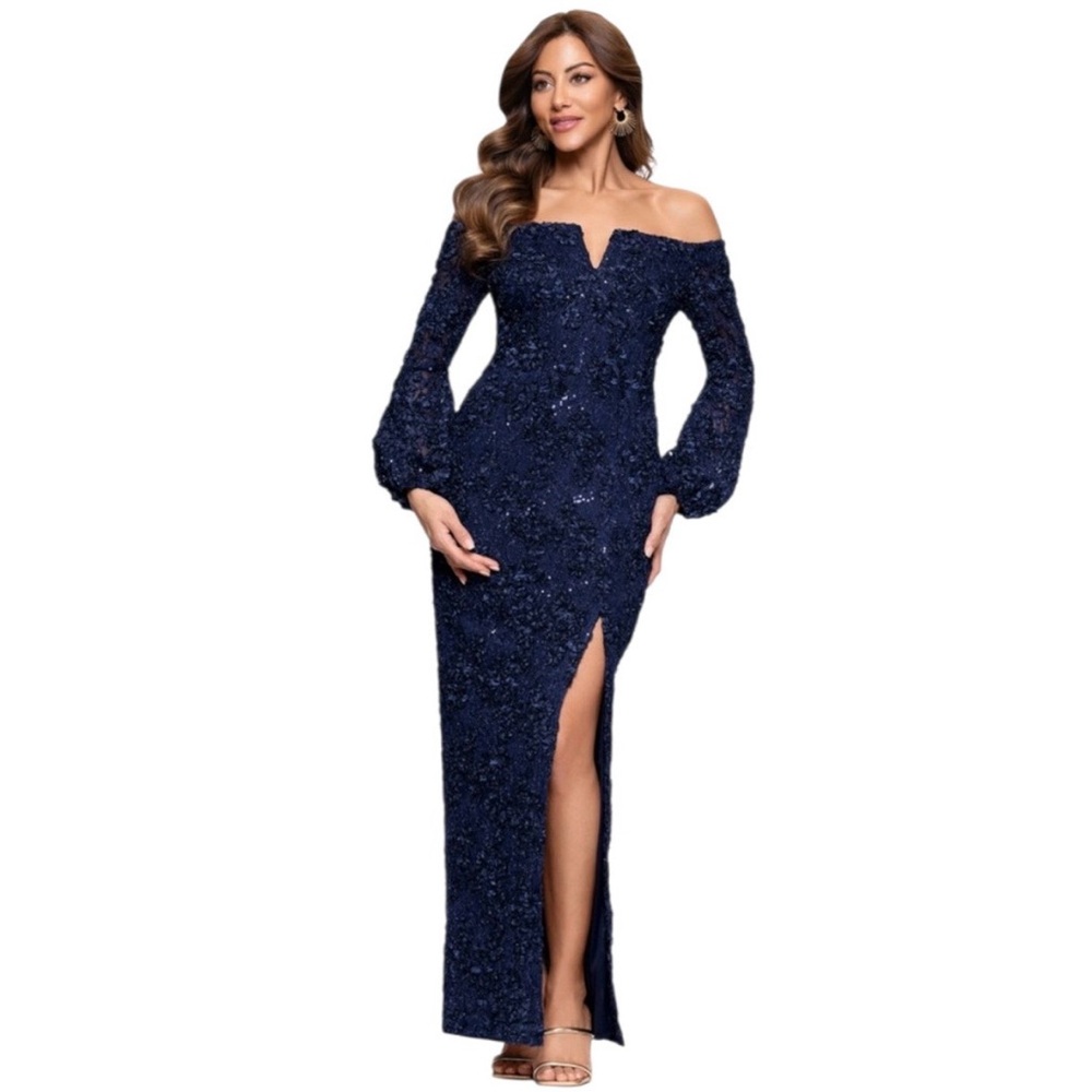 Xscape Elegant Long Sleeve Off Shoulder Navy Dress